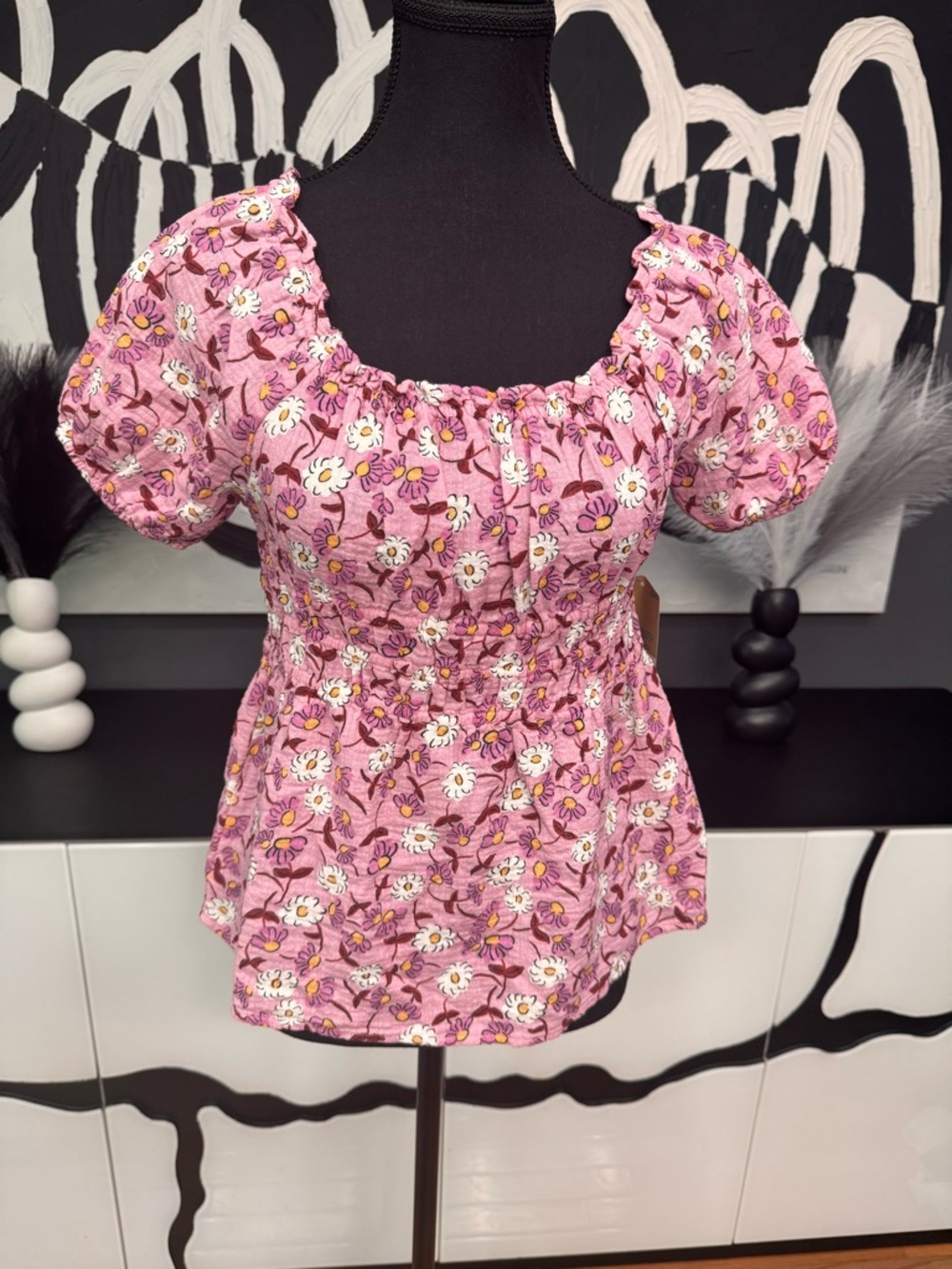 Thereabouts Pink Floral Smocked Peasant Top Womens XL BNWT Puff Sleeve Boho